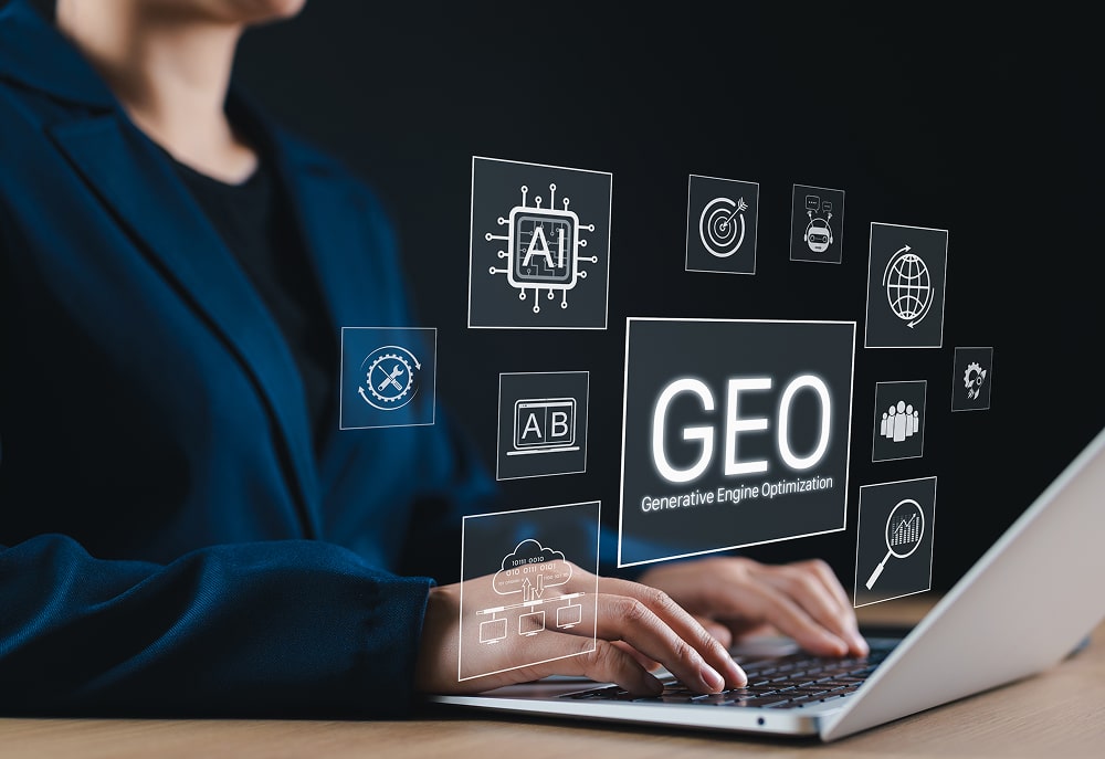 Businessperson using laptop with icons representing GEO, artificial intelligence, data analysis, coding, AI search, and web strategy
